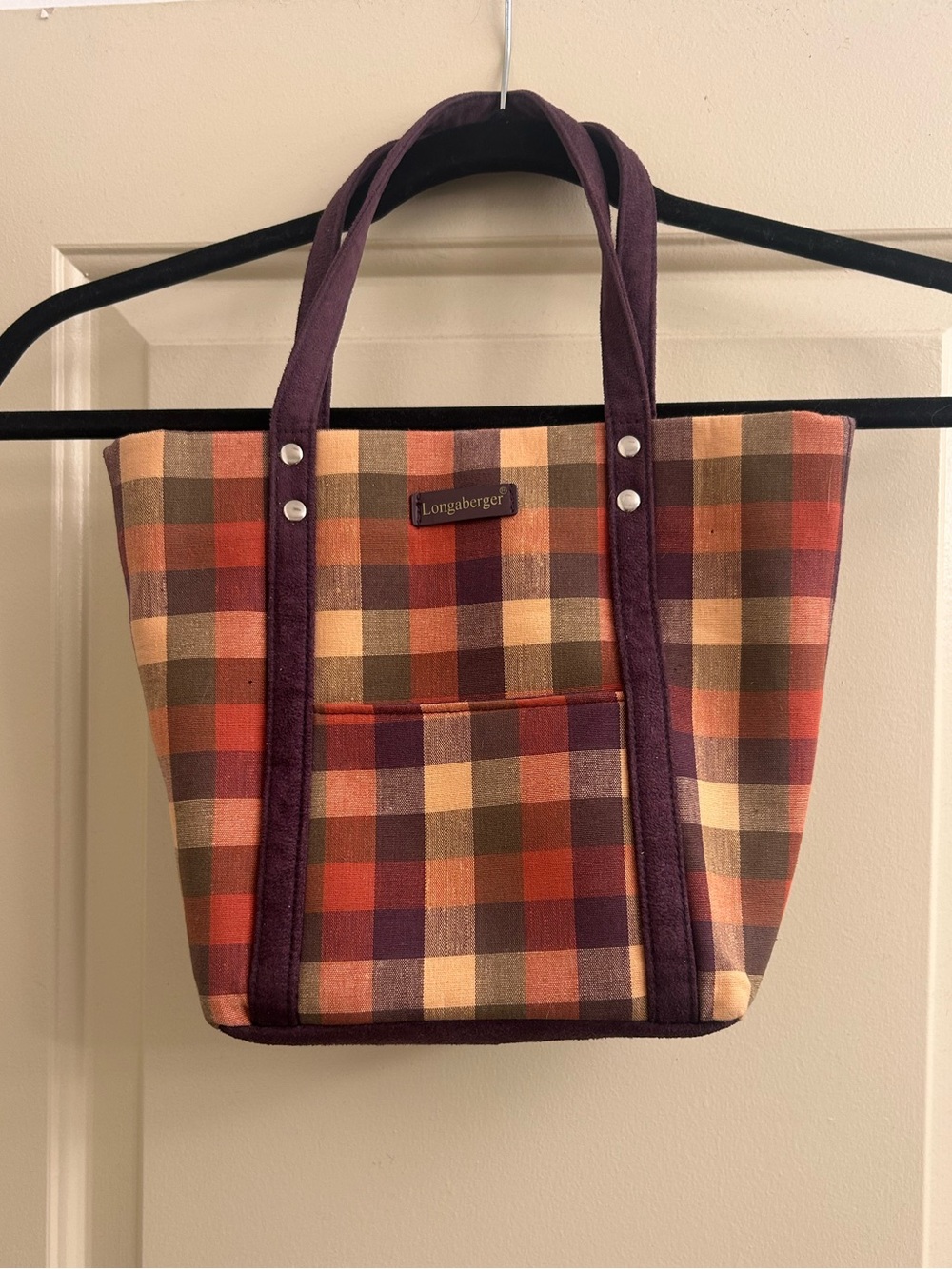 Longaberger Plaid Tote in Purple, Orange, khaki and Cream
